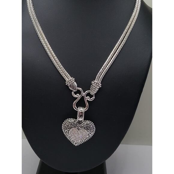Lia Sophia Jewelry - Lia Sophia Heart Pendant Necklace Silver Tone Rhinestone Double Braided Chain